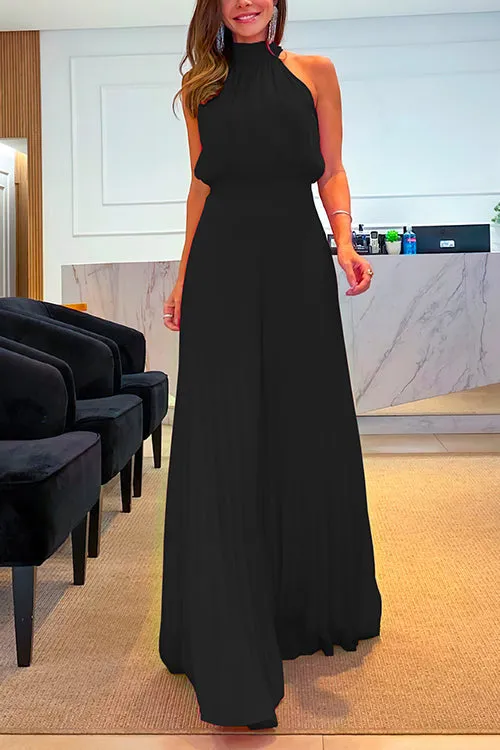 Halter Sleeveless Waisted Pleated Wide Leg Jumpsuit