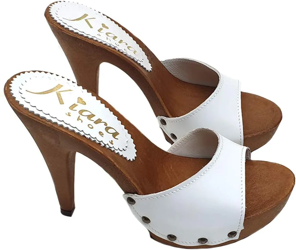 Kiara Shoes White Clogs Upper in Leather - Made in Italy - K213001 P Bianco
