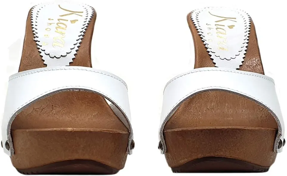 Kiara Shoes White Clogs Upper in Leather - Made in Italy - K213001 P Bianco