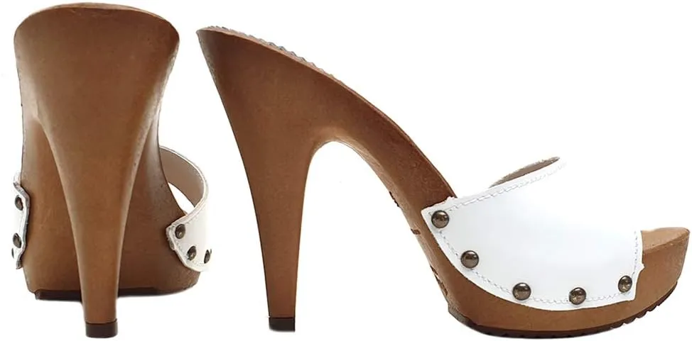 Kiara Shoes White Clogs Upper in Leather - Made in Italy - K213001 P Bianco