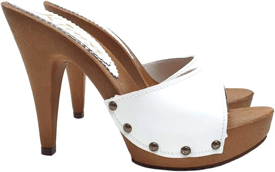 Kiara Shoes White Clogs Upper in Leather - Made in Italy - K213001 P Bianco