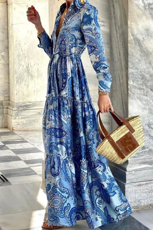 V Neck Ruffle Tiered Printed Maxi Dress
