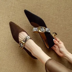 Womens Mary Jane Shoes  Suede Finish  Mid Heel  Pointed Toe  Buckle Strap