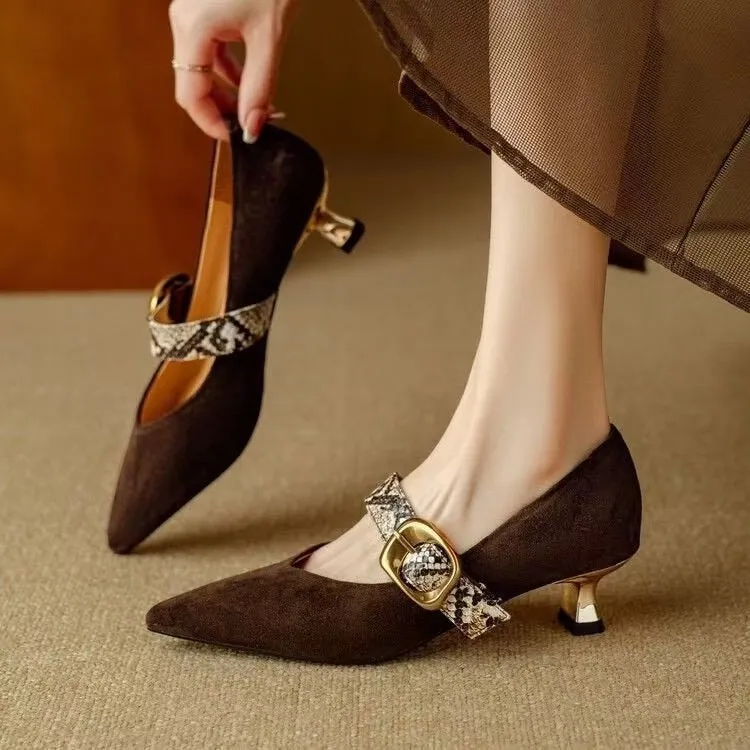 Womens Mary Jane Shoes  Suede Finish  Mid Heel  Pointed Toe  Buckle Strap