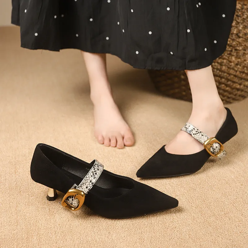 Womens Mary Jane Shoes  Suede Finish  Mid Heel  Pointed Toe  Buckle Strap
